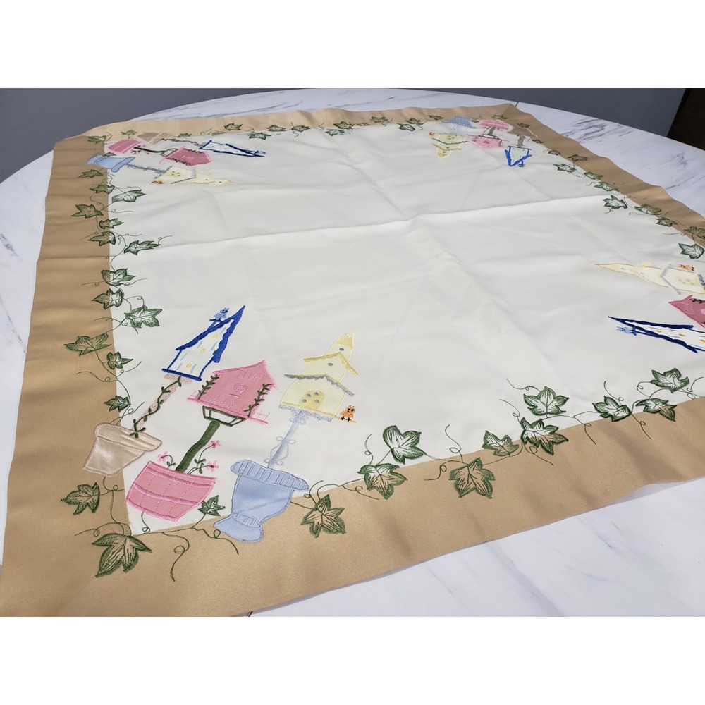 Vintage Embroidered Birdhouse Tablecloth Bird Cottagecore Cabin Square 33"